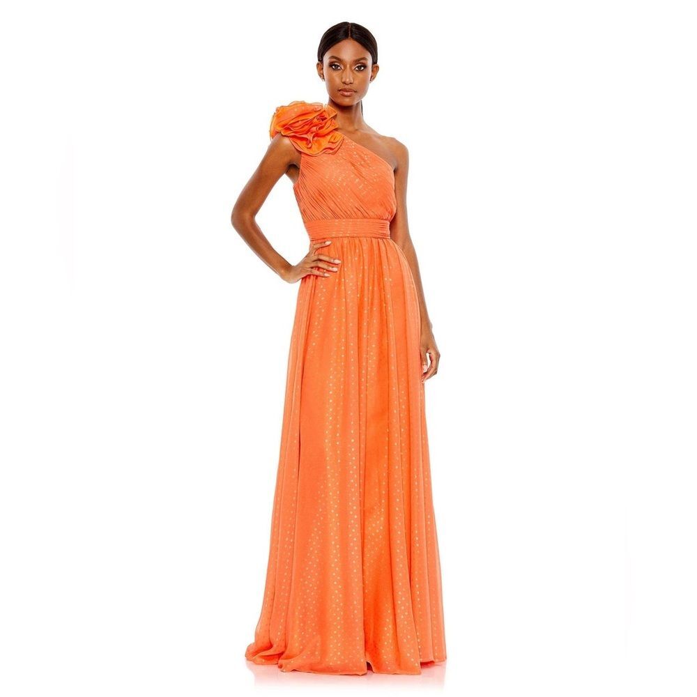 NWT MAC DUGGAL | 49536 Ruffled One Shoulder Gown Tangerine Gold Shimmer 2‎